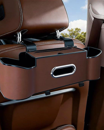 Car Backseat Organizer for Kids & Travelers - 4 in 1 Multifunctional Car Seat Back Storage with Cup Holder, Tissue Box, Snack/Handbag Holder - Nappa Leather Universal Fit for SUV/Van/Sedan (Brown)