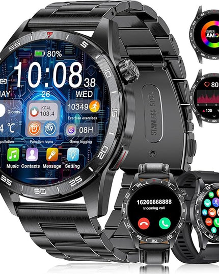 Smart Watch for Men (3 Straps),Answer/Make Calls,1.43'' AMOLED,IP68 Waterproof,110+ Sports Modes Fitness Watch with Sleep Monitor/SpO2/Heart Rate/Pedometer Rugged Outdoor Smart watch for Android/iOS