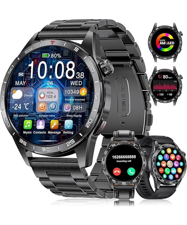 Smart Watch for Men (3 Straps),Answer/Make Calls,1.43'' AMOLED,IP68 Waterproof,110+ Sports Modes Fitness Watch with Sleep Monitor/SpO2/Heart Rate/Pedometer Rugged Outdoor Smart watch for Android/iOS