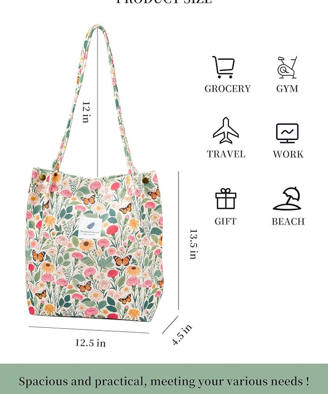 Corduroy Tote Bag Cute Tote Bags for Women Shoulder Bag with Inner Pocket for Work Beach Travel and Shopping Grocery