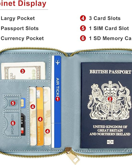 defway Passport Holder Travel Wallet - RFID Blocking Passport Holder Wallet, Full Zip Travel Card Cover with RFID Protection, Multi Slot Organizer for Cards Cash Documents Travel Essentials (Blue)