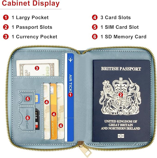 defway Passport Holder Travel Wallet - RFID Blocking Passport Holder Wallet, Full Zip Travel Card Cover with RFID Protection, Multi Slot Organizer for Cards Cash Documents Travel Essentials (Blue)