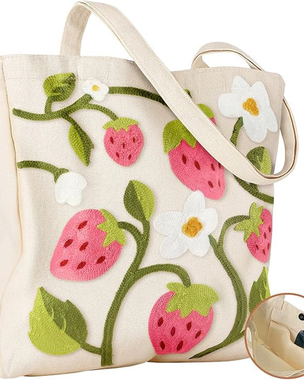 Embroidery Canvas Tote Bag for Women - Reusable Totes with Pocket & Buckle Aesthetic Cute Grocery Shoulder Bag