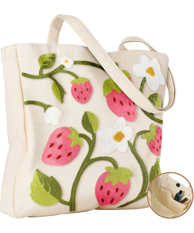 Embroidery Canvas Tote Bag for Women - Reusable Totes with Pocket & Buckle Aesthetic Cute Grocery Shoulder Bag