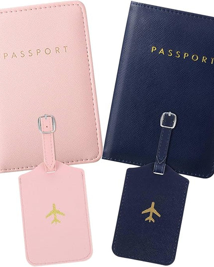 Weewooday 2 Set Mr and Mrs Passport Covers Holder and Luggage Tags Cute Leather Wallets Holder Travel Luggage Tags for Women Men Gift(Pink, Blue)