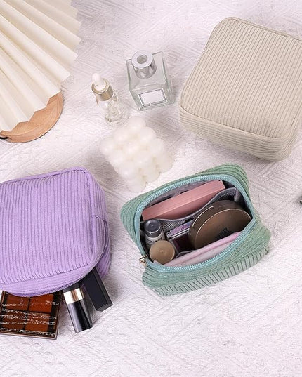 MAGEFY Small Makeup Bag for Purse Mini Cosmetics Bag Corduroy Cute Cosmetic Pouch for Women with Slip-in Pockets