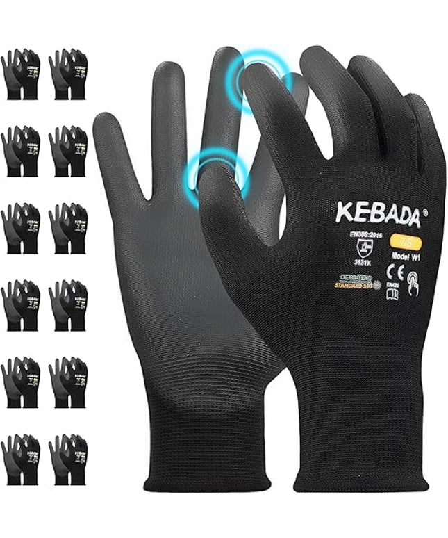 Kebada W1 Work Gloves for Men and Women, PU Coated Safety Gloves with Grip, Touchscreen, Ideal for Warehouse Package Handling, Construction, Gardening, Black X-Small