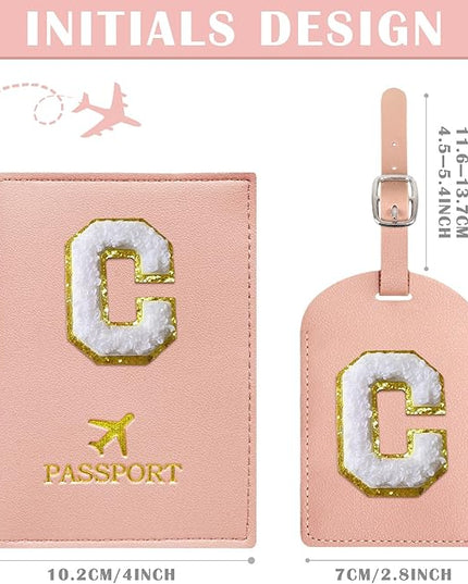 COSHAYSOO Personalized Passport Cover Holder and Initial Luggage Tag Set with Monogram Chenille Letter Patch for Women Teen Girls Couples, Preppy Travel Bag Suitcase Identifier Pink C