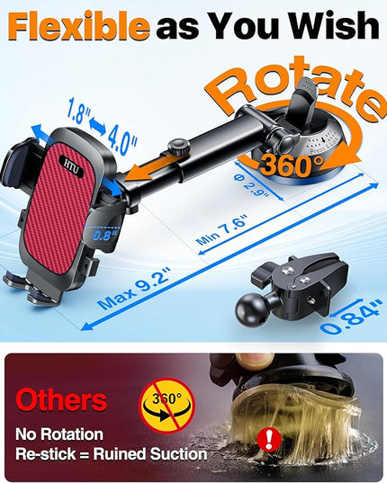 HTU 2026 Ultimate Best【True Military-Grade & Safety Cert】Car Phone Holder【Upgraded 360 Rotation & 100+LBS Strongest Suction】5-in-1 Truck Windshield Dashboard Vent Mount Stand for iPhone Android, Red