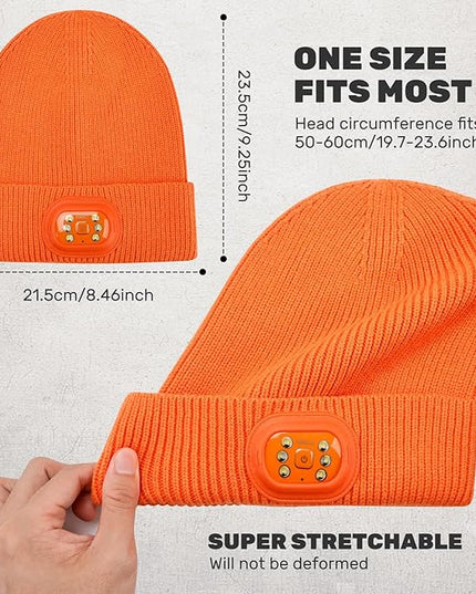 OKKLE Unisex LED Beanie with Light, USB Rechargeable Headlamp Hat, Winter Gifts for Men Women Husband Him Orange