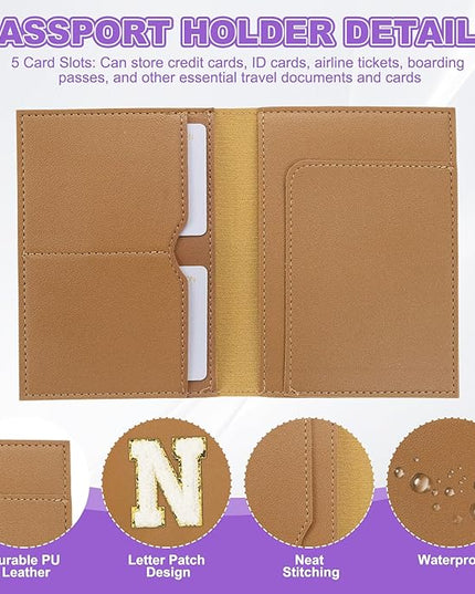 PATIKIL Passport Holder for Travel, Initial Passport Cover and Luggage Tag Set with Alphabet Chenille Letter Patch Travel Wallet Bag Suitcase Identifier for Women Family Travel Brown N