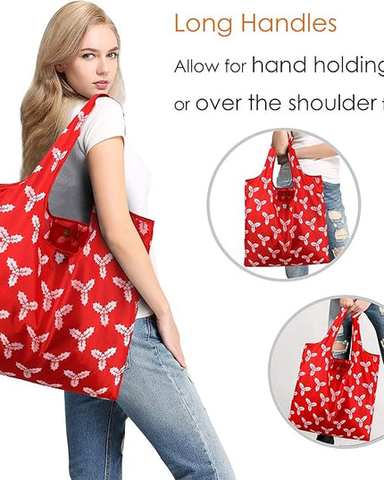 BeeGreen Christmas Reusable Grocery Bags 10 Pack Reusable Shopping Bags Bulk Christmas Gifts Tote Bags with Zipper Storage Pouch Elastic Band Foldable-Machine Washable