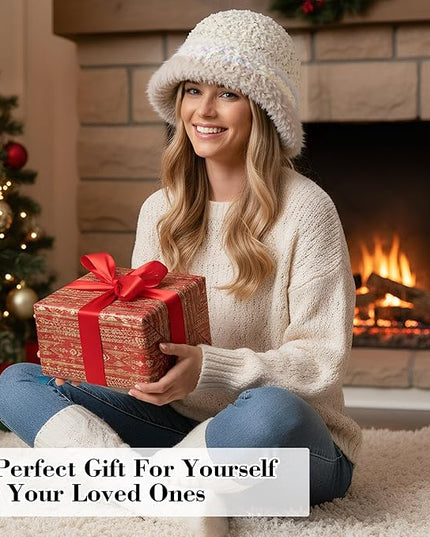 YI HENG MEI Women Knit Bucket Hat, Fluffy Winter Fisherman Hat Fuzzy Soft Warm Beanie Caps Women Cloche Caps Warm Bowler Hats