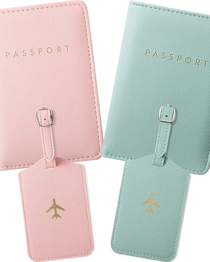 Weewooday 2 Set Mr and Mrs Passport Covers Holder and Luggage Tags Cute Leather Wallets Holder Travel Luggage Tags for Women Men Gift(Pink, Green)