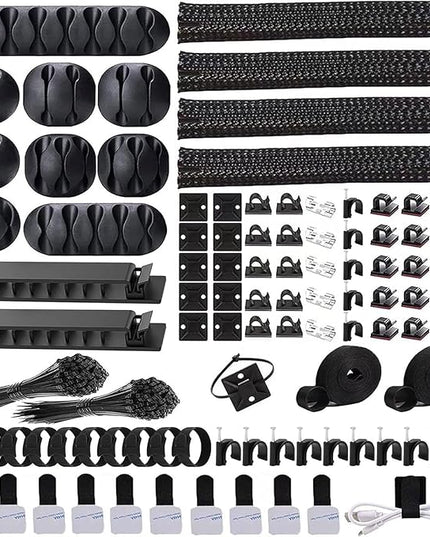 ELII 302PCS Cable Management Kit 4 Cable Sleeve,45Cable Clips,11Cable Holders,22 Roll Cable Organizer Straps and 200 Fastening Cable Ties,20 Cable Zip Tie Mounts Computer Under Desk (Black)