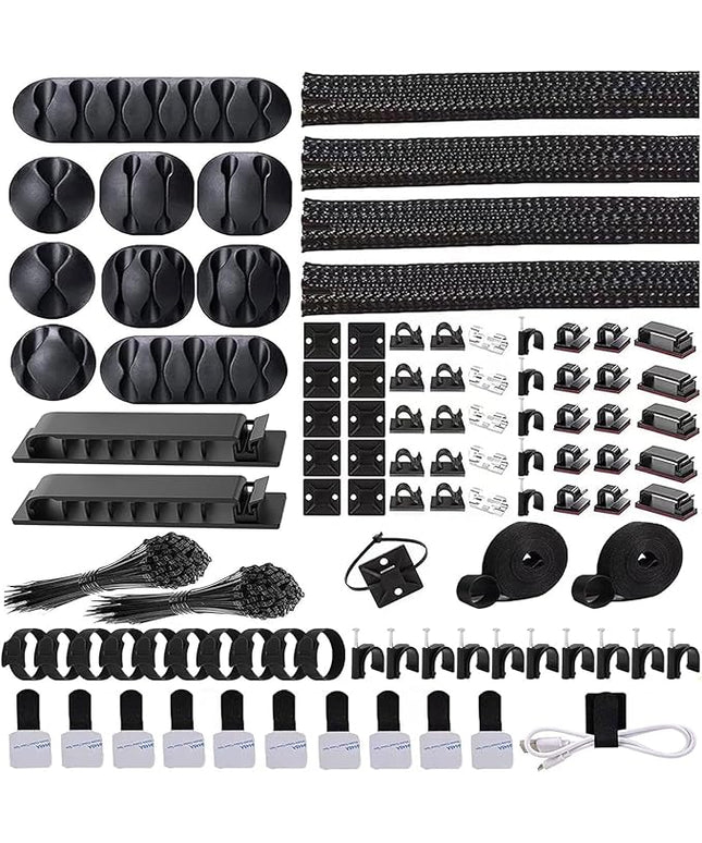 ELII 302PCS Cable Management Kit 4 Cable Sleeve,45Cable Clips,11Cable Holders,22 Roll Cable Organizer Straps and 200 Fastening Cable Ties,20 Cable Zip Tie Mounts Computer Under Desk (Black)
