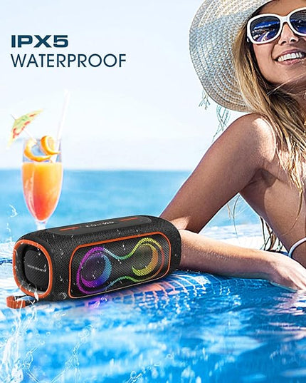MusiBaby Portable Bluetooth Speakers with Lights, 80W Loud Outdoor Wireless Speaker with Stereo Sound, IPX5 Waterproof, 24H Playtime, BT 5.3, FM, for Home/Travel/Praty Valentines Gifts (Black)