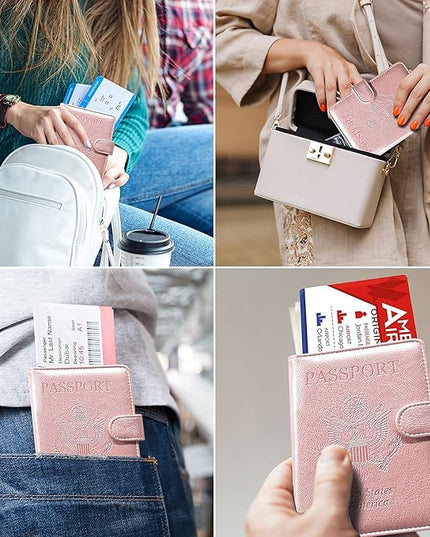 RSAquar Passport and Vaccine Card Holder Combo, Passport Holder Cover Wallet, Leather Card Case Travel Accessories with RFID Blocking for Women and Men, Rose Gold