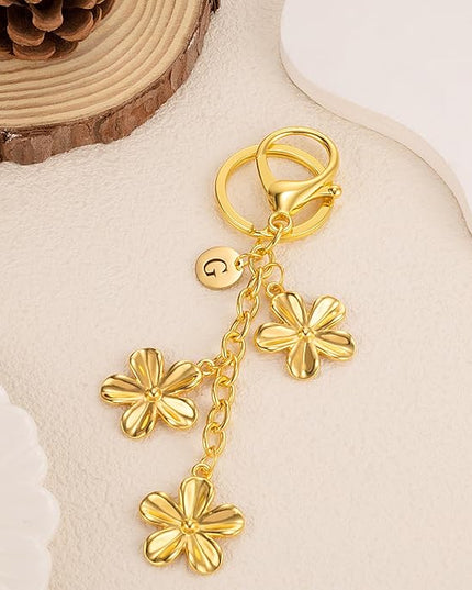 XGALBLA Gold/Silver Initial Keychain Flower Charms for Key Cute Letter Keyring for Purse Handbag Backpack