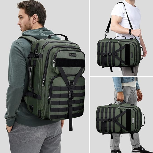 WITZMAN Carry On Travel Backpack for Men Large Convertible 45L Fit 17 Inch Laptop Backpack 3 in 1 Bag for Airline Approved(B688 Army Green)