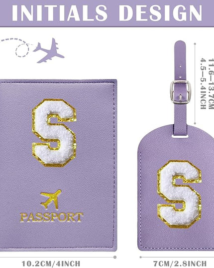 COSHAYSOO Purple Passport Cover Holder and Luggage Tag Set TSA Approved with Initial Chenille Letter Patch A-Z for Women Teenage Girls, Vaccine Card Slot Travel Bag Suitcase Identifier (S)