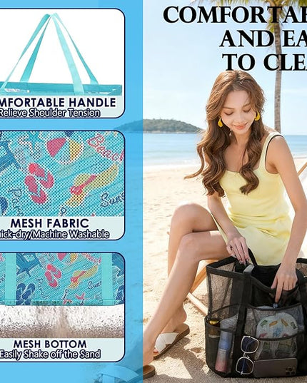 Mesh Beach Bag, Large Beach Tote with Zipper Pocket, Toys Pool Bag for Family Travel Vacation Cruise Essentials