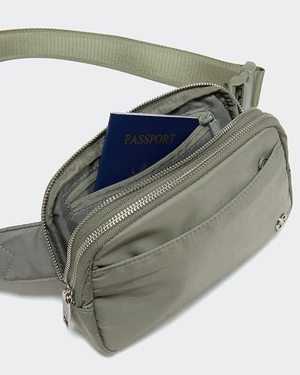 Pander Everywhere Belt Bag for Women, 5 Zipper Pockets Nylon Crossbody Fanny Pack Purse (Grey Sage).