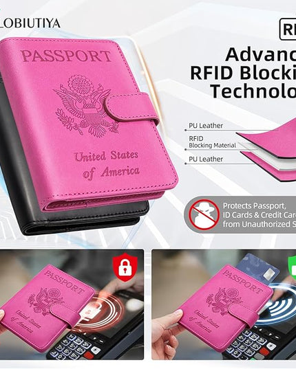 2 Pack Passport Holder For Travel with Slot for AirTag & Luggage Tag Cover – RFID Blocking Passport Holder for Travel Women/Men | PU Leather Passport Case with Pocket, Black/Pink
