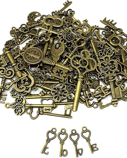 125 PCS Vintage Skeleton Key Set Charms, JIALEEY Mixed Antique Style Bronze Brass for Pendant DIY Jewelry Making Wedding Party Favors