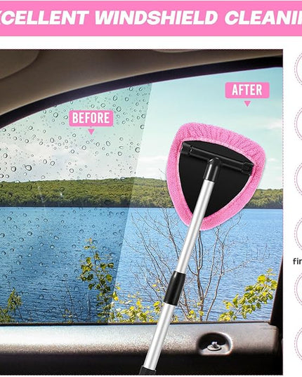 Baderke 10 Pcs Windshield Cleaner Tool Car Window Cleaning Supplies with Extendable Handle Include 6 Washable Microfiber Bonnets 2 Empty 60ml Spray Bottle Glass Wiper Kit(Pink)
