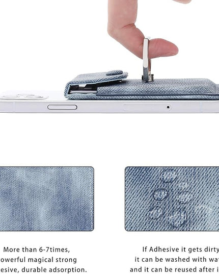 RFID Ring Stand Stick on Wallet for Back of Phone for iPhone Android and All Smartphones Adhesive Credit Card Holder for Cell Phone-Denim Blue …