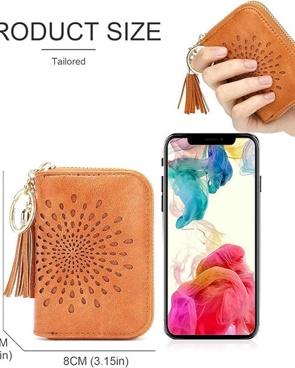 APHISON RFID Credit Card Holder Zipper Card Case Keychain Small Wallet for Women 1927 BROWN