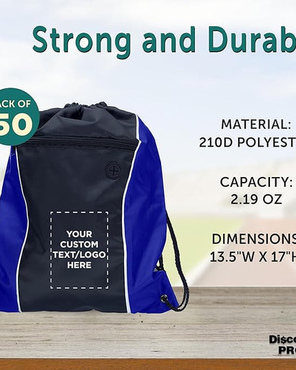 DISCOUNT PROMOS Two-Tone Drawstring Backpack Non-Woven -50 pack - Customizable Text, Logo - Durable Sports Backpacks- Ideal for Work, Sports, Travel, Gym & More - Blue