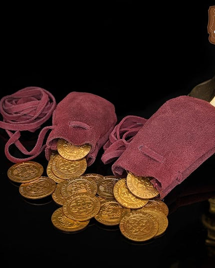 Mythrojan Small Trinket Pouches Suede Leather Drawstring Coin & Dice Bags for LARP, SCA, Viking & Medieval Events (Wine Red - Pack of 2)