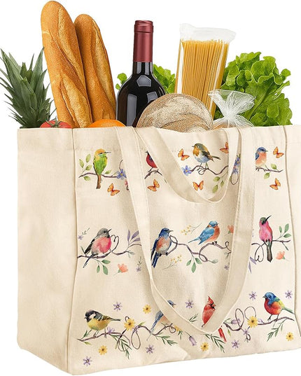Large Canvas Grocery Tote Bag - Reusable Extra Large Shopping Shoulder Bags with 6 Inner Pockets & 2 Handle Strap