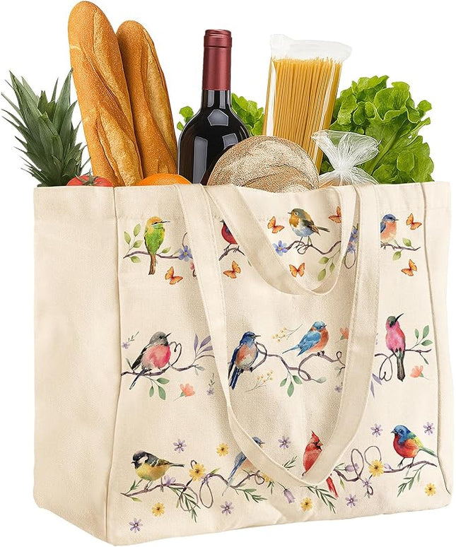 Large Canvas Grocery Tote Bag - Reusable Extra Large Shopping Shoulder Bags with 6 Inner Pockets & 2 Handle Strap