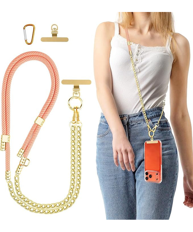Crossbody Phone Lanyard, Adjustable Multicolor Braided Phone Strap and Phone Chain Strap Combination, Sturdy Metal Buckle and 360° Rotatable Phone Tether Tab, Pink White