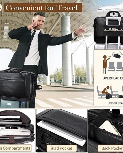 Faux Leather Messenger Bag for Men 17-17.3 Inch: Convertible 3 in 1 Backpack Laptop Briefcase Computer Handbags Shoulder CrossbodyBag with Padded for Work College Travel, PU Black