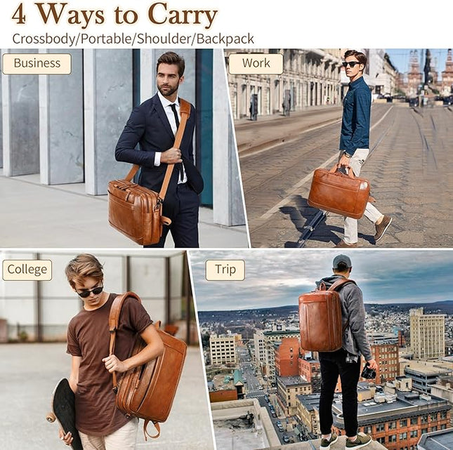 Faux Leather Messenger Bag for Men | 17-17.3 Inch Leather Mens Laptop Bag Leather Briefcasen Convertible Backpack 3 in 1 Computer Handbags Work Bag Shoulder Crossbody Bag Office | Vintage Brown