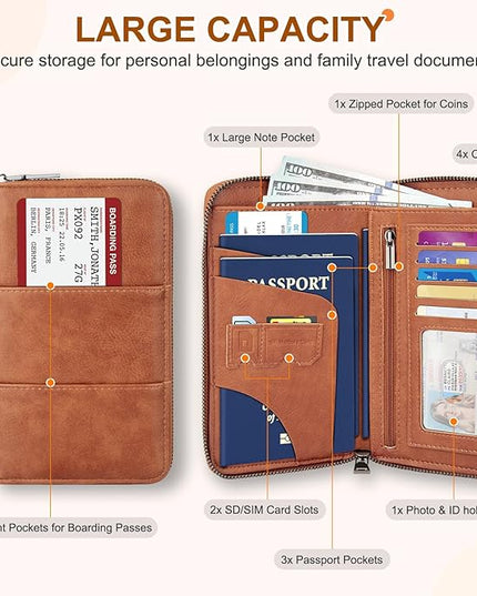 Family Passport Holder Wallet with Zipper, RFID Blocking Travel Document Organizer, PU Leather Passport Wallet for Women Men, Passport Cover Travel Wallet for Boarding Pass, ID, Money, Tickets
