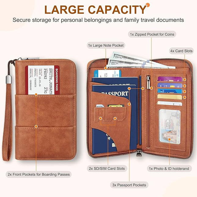 Family Passport Holder Wallet with Zipper, RFID Blocking Travel Document Organizer, PU Leather Passport Wallet for Women Men, Passport Cover Travel Wallet for Boarding Pass, ID, Money, Tickets