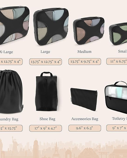 Shacke Premium 8 Packing Cubes Set - Lightweight Mesh Travel Luggage Organizers with Laundry Bag, 8-Piece Suitcase Storage System (Black)