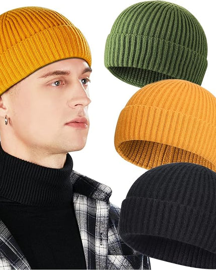 3 Pack Wool Fisherman Beanies for Men, Short Knit Watch Cap Cuffed Trawler Hats