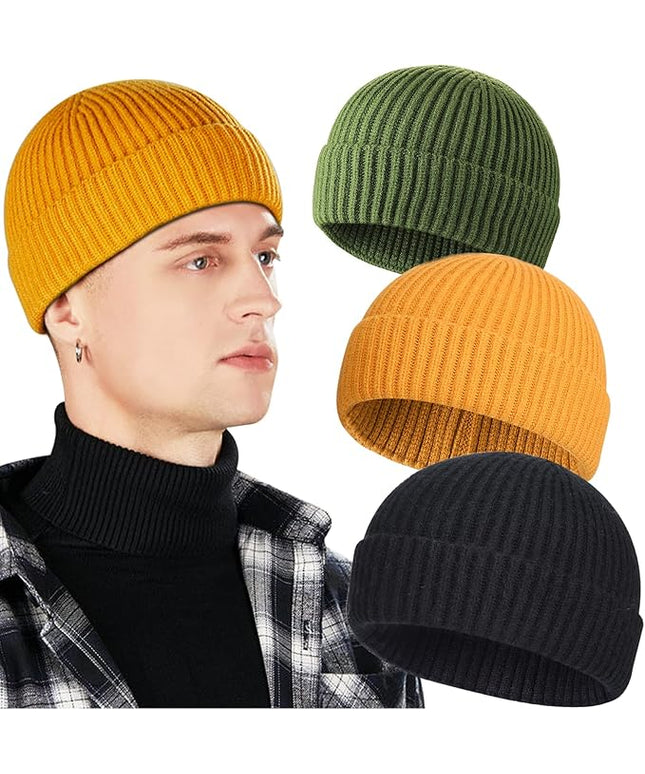 3 Pack Wool Fisherman Beanies for Men, Short Knit Watch Cap Cuffed Trawler Hats