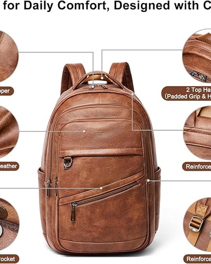 43L Backpack for Women Men - Vegan Leather Backpack Purse Travel Carry-on Bag College Bookbag Work fits 17" Laptop, Brown