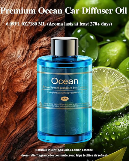 Car Air Freshener Refill for Men & Women 6.09 FL OZ /180ML-9 Month Ocean Scent Essential Oil Perfume, Essential Oil Made of Natural Plant Extracts, Compatible with Car Diffusers for Home/Office
