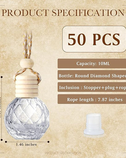 BBTO 50 Pcs Hanging Car Air Freshener Car Diffuser Bottles Empty Glass Perfume Bottle Freshener Diffuser Bottle Pendant for Essential Oil Fragrance Aromatherapy Bottle Ornament(Round Diamond)