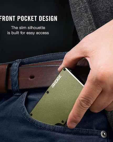 Ridge Wallet for Men - Slim Minimalist Compact Wallet and Card Holder, RFID Protected Front Pocket Wallets for Men with Integrated Cash Strap (Matte Olive)