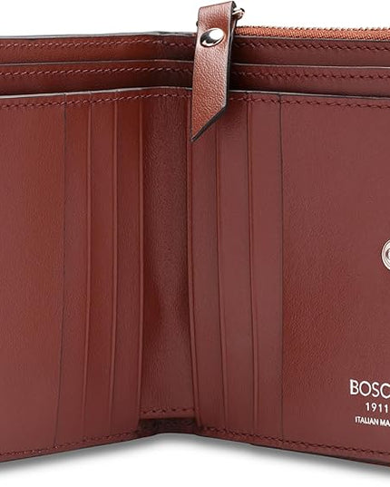 Bosca Women's Italian Leather Wallet, Handmade Bifold Slim Change Purse, 8 Card Slots, Zip Coin Purse, 4 Inches Brown
