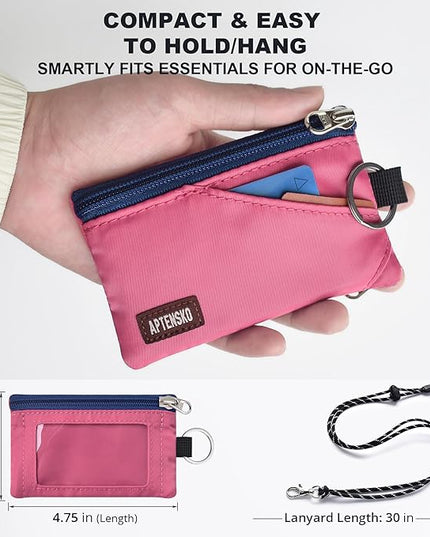 RFID Travel Wallet with Adjustable Lanyard-Zipper Small Wallet with ID Card Holder, Keychain for women&men-Minimalist Slim Waterproof Nylon case for ID, Cash, Key (Rose Pink)